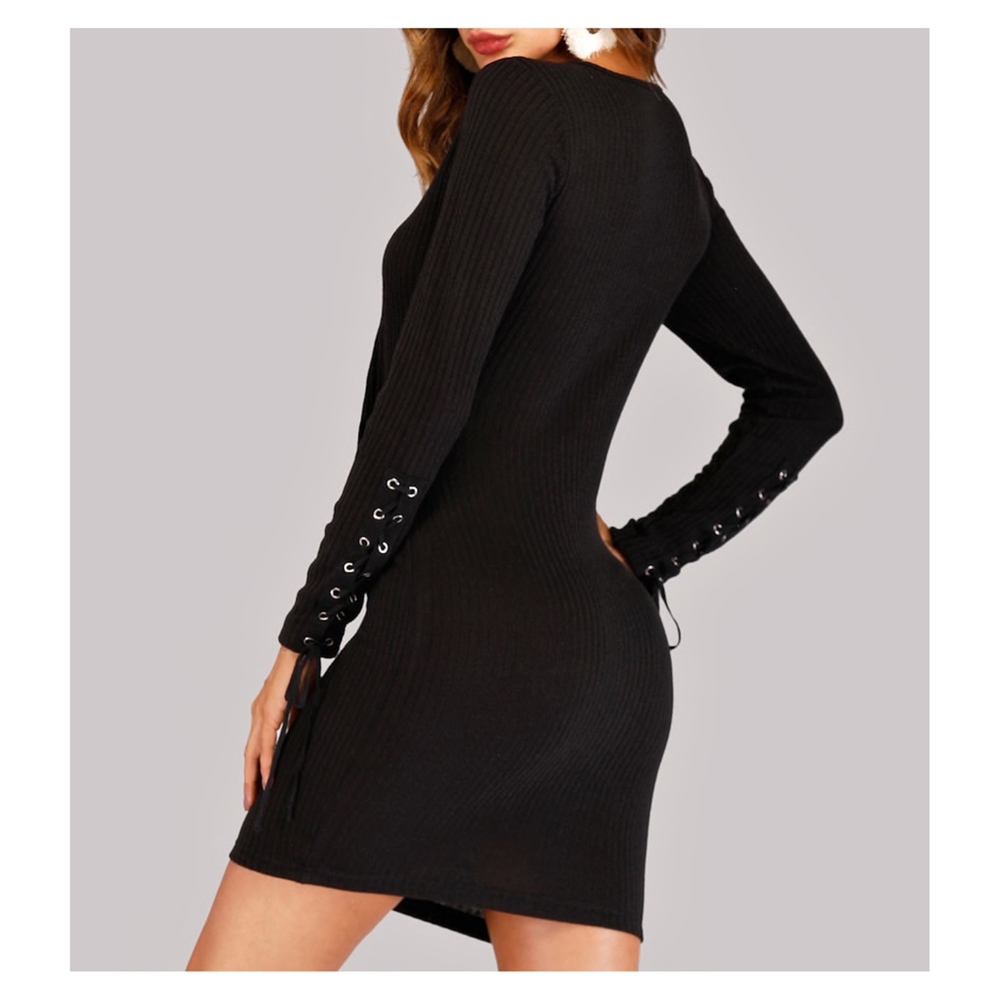 Black Lace Up Details Ribbed Bodycon Dress - Picture 6 of 8
